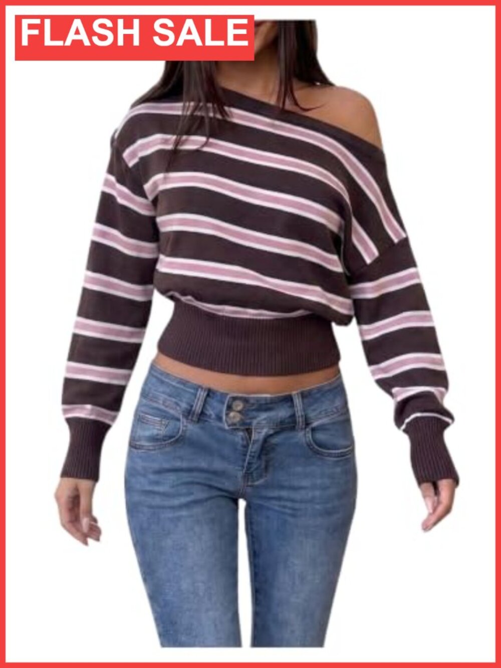 Off Shoulder Striped Sweater Cinched Waist Knit Pullover Y2K
